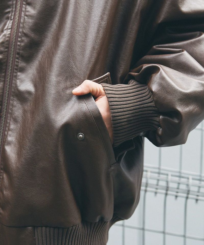 オーバーサイズリブハイネック フェイクレザー/ダック ブルゾン | MSG