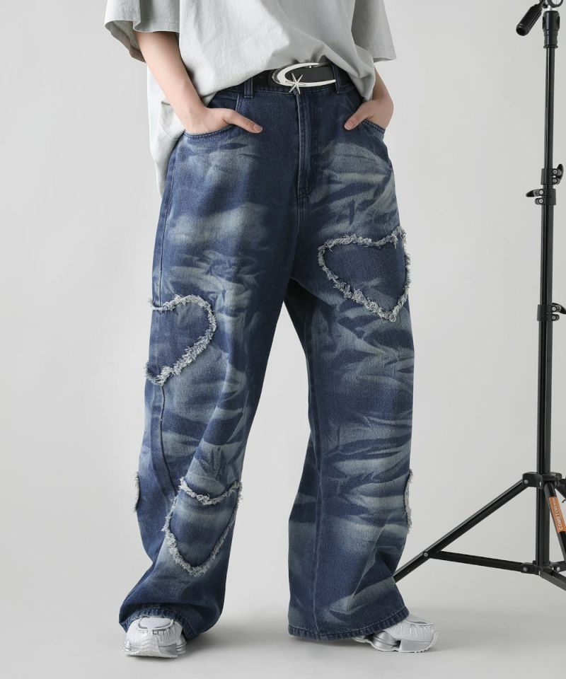 【関税込み】MSGM オレンジ バギージーンズ ケミカルハートパッチフリンジバギーデニムパンツ | MSG