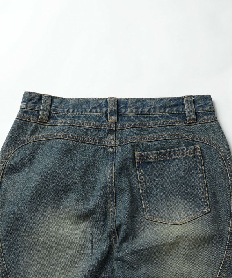 ワイドバギーオーバーダイ汚れ加工デニム VELNUS】【12oz】 Vintage design damaged wide baggy denim