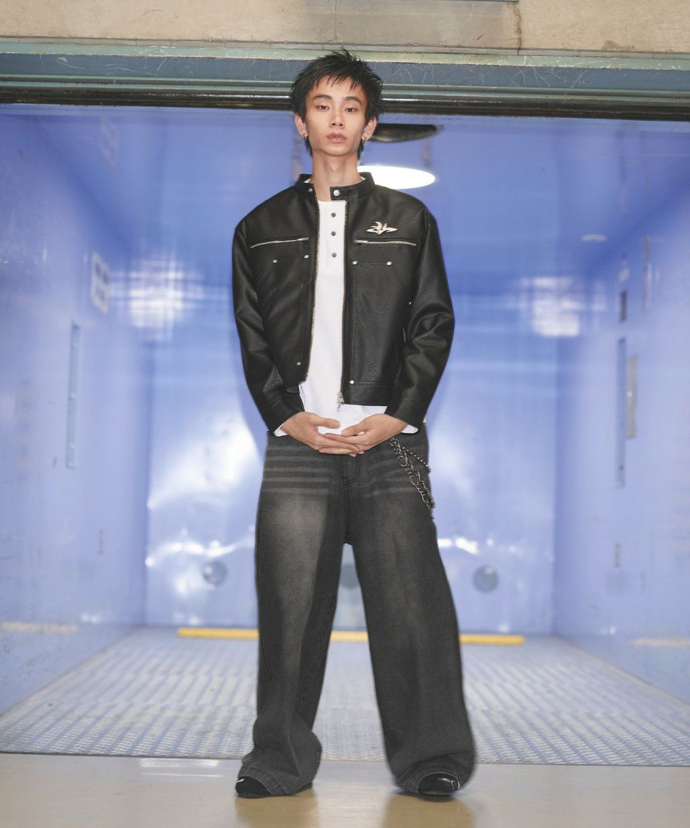 メタルプレート合皮ショートバイカージャケット | MSG